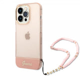 Guess iPhone 14 Pro Max Translucent -suojakuori, jossa hihna, pinkki