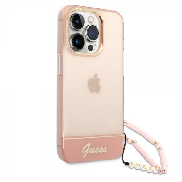 Guess iPhone 14 Pro Max Translucent -suojakuori, jossa hihna, pinkki