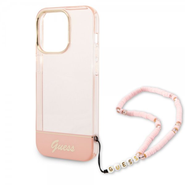Guess iPhone 14 Pro Max Translucent -suojakuori, jossa hihna, pinkki