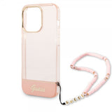 Guess iPhone 14 Pro Max Translucent -suojakuori, jossa hihna, pinkki
