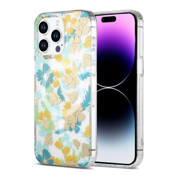 iPhone 14 Pro -kuoret kukkakuviolla ja MagSafella, turkoosi