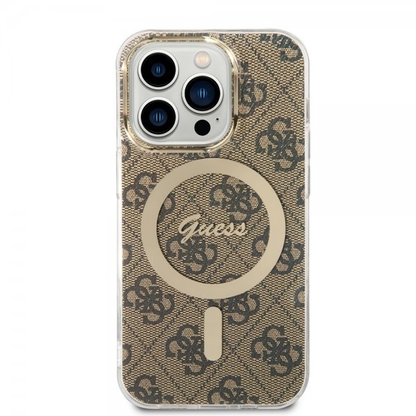 Guess iPhone 14 Pro -kuoret 4G Pattern MagSafe, ruskea