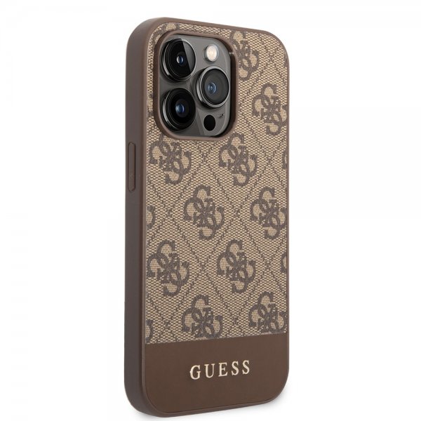 Guess iPhone 14 Pro Kuori Bottom Stripe Metal Logo Ruskea