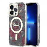 Guess iPhone 14 Pro Kuori Flower MagSafe Kaki