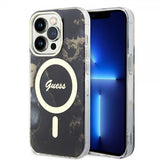 Guess iPhone 14 Pro -kuoret Golden Marble MagSafe, musta