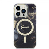 Guess iPhone 14 Pro -kuoret Golden Marble MagSafe, musta