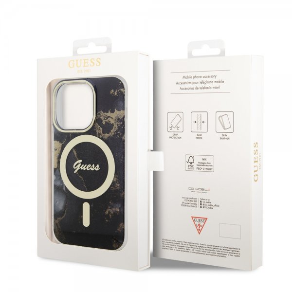 Guess iPhone 14 Pro -kuoret Golden Marble MagSafe, musta