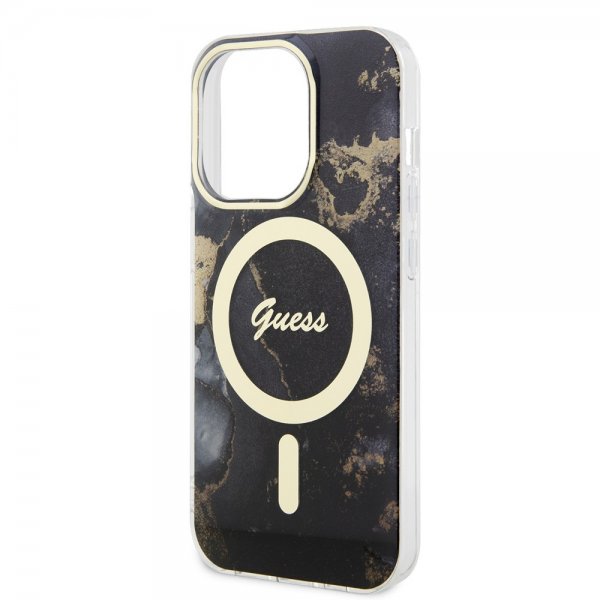 Guess iPhone 14 Pro -kuoret Golden Marble MagSafe, musta