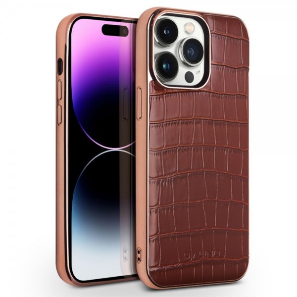 Qialino iPhone 14 Pro -suojakuori, krokotiilikuvioitu MagSafe, ruskea