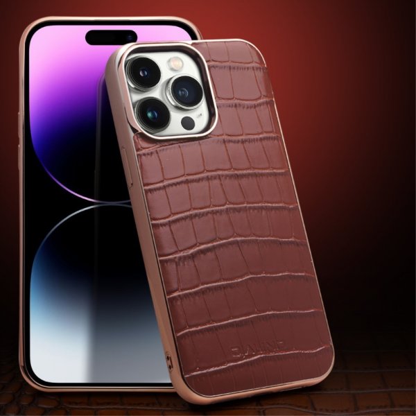 Qialino iPhone 14 Pro -suojakuori, krokotiilikuvioitu MagSafe, ruskea