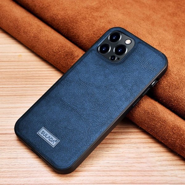 Sulada iPhone 14 Pro Kuori Nahkakuvio Sininen