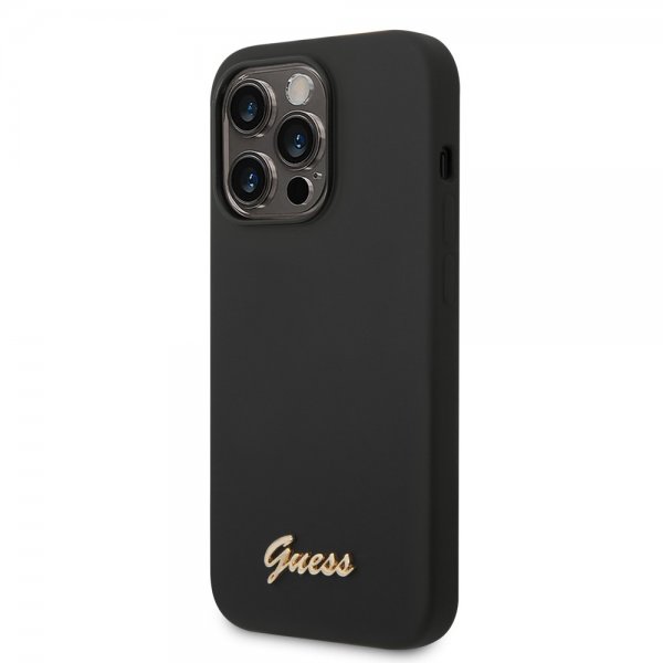 Guess iPhone 14 Pro -kuoret, Liquid Silicone Metal Logo, musta