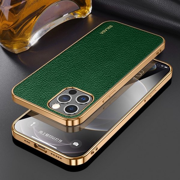 Sulada iPhone 14 Pro Kuori Lychee-kuvio, pinnoitettu reuna, vihreä