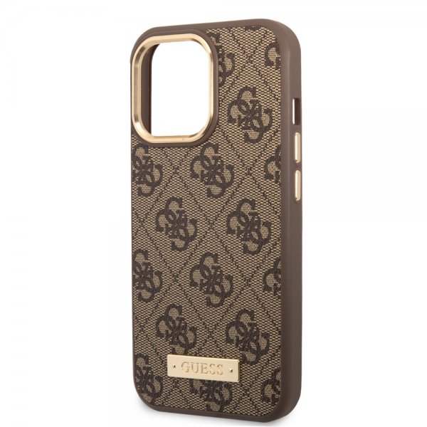 Guess iPhone 14 Pro Kuori Metal Plate Logo MagSafe Ruskea