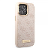 Guess iPhone 14 Pro -kuoret Metal Plate Logo MagSafe, pinkki