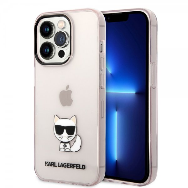 Karl Lagerfeld iPhone 14 Pro -kuori painettu Choupette läpinäkyvä pinkki