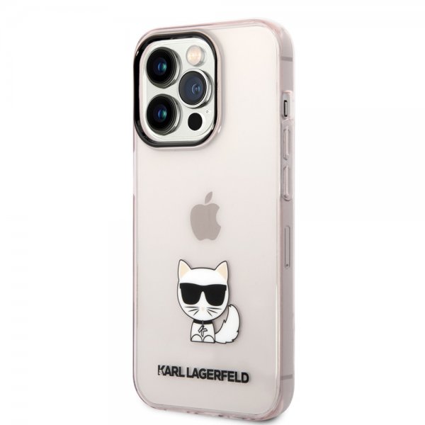Karl Lagerfeld iPhone 14 Pro -kuori painettu Choupette läpinäkyvä pinkki