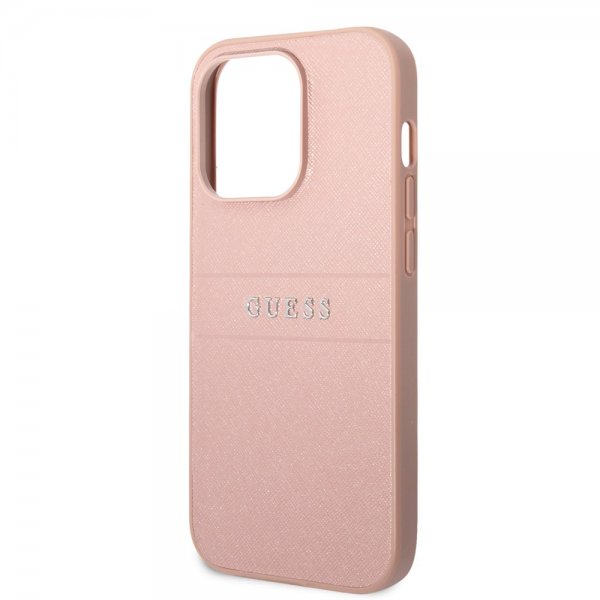 Guess iPhone 14 Pro Kuori Saffiano Metal Logo Stripes Pinkki