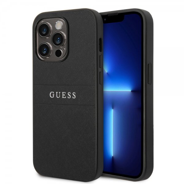 Guess iPhone 14 Pro -suojakuori, Saffiano Metal Logo Stripes, musta
