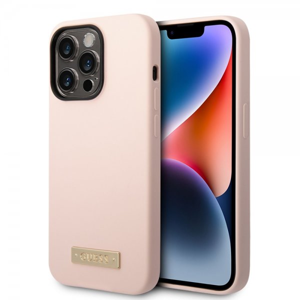 Guess iPhone 14 Pro -silikonikuori, jossa metallilevy ja MagSafe, vaaleanpunainen