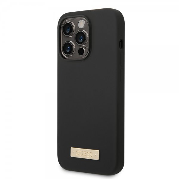 Guess iPhone 14 Pro Kuori Silikoni Metallilevy MagSafe Musta