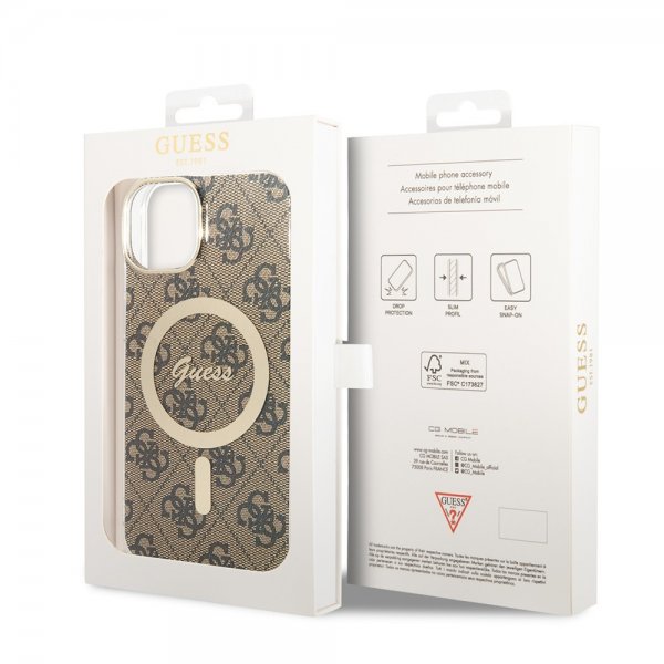 Guess iPhone 14 -suojakuori 4G Pattern MagSafe, ruskea