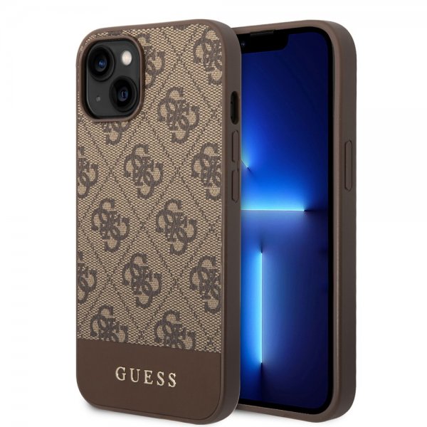 Guess iPhone 14 -suojakuori, Bottom Stripe Metal Logo, ruskea