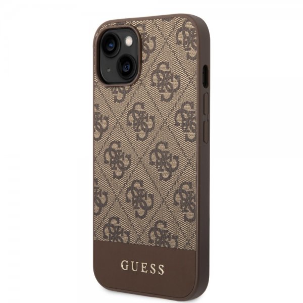 Guess iPhone 14 -suojakuori, Bottom Stripe Metal Logo, ruskea