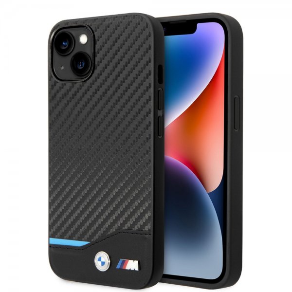 BMW iPhone 14 Suojakuori Carbon Effect Printed Logo Musta