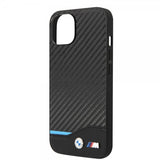 BMW iPhone 14 Suojakuori Carbon Effect Printed Logo Musta