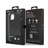 BMW iPhone 14 Suojakuori Carbon Effect Printed Logo Musta