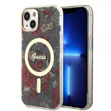 Guess iPhone 14 -suojakuori Flower MagSafe Kaki
