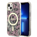 Guess iPhone 14 -suojakuori Flower MagSafe, pinkki