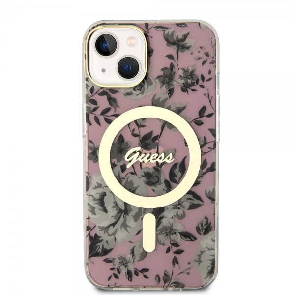 Guess iPhone 14 -suojakuori Flower MagSafe, pinkki