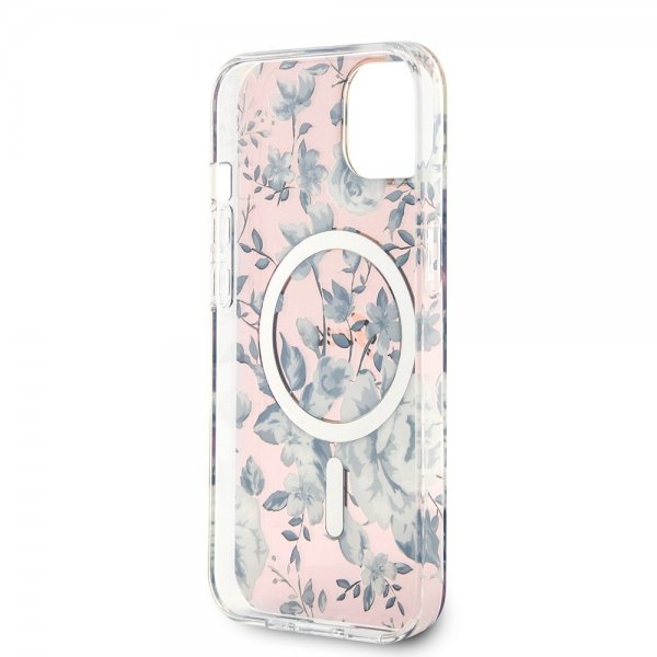 Guess iPhone 14 -suojakuori Flower MagSafe, pinkki