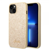 Guess iPhone 14 Suojakuori Glitter Flakes Metal Logo Kulta