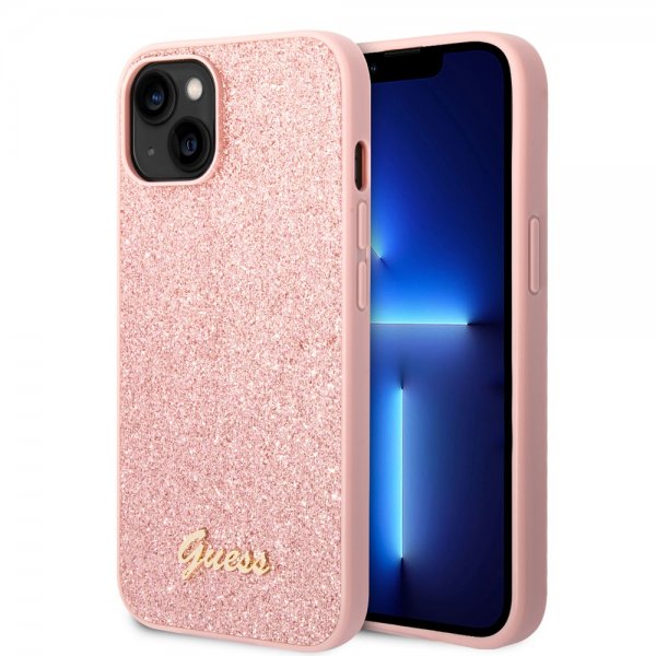 Guess iPhone 14 Suojakuori Glitter Flakes Metal Logo Pinkki