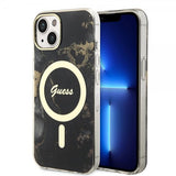 Guess iPhone 14 -suojakuori Golden Marble MagSafe, musta