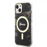 Guess iPhone 14 -suojakuori Golden Marble MagSafe, musta