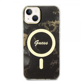 Guess iPhone 14 -suojakuori Golden Marble MagSafe, musta