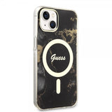 Guess iPhone 14 -suojakuori Golden Marble MagSafe, musta