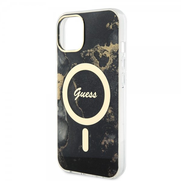Guess iPhone 14 -suojakuori Golden Marble MagSafe, musta