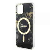 Guess iPhone 14 -suojakuori Golden Marble MagSafe, musta