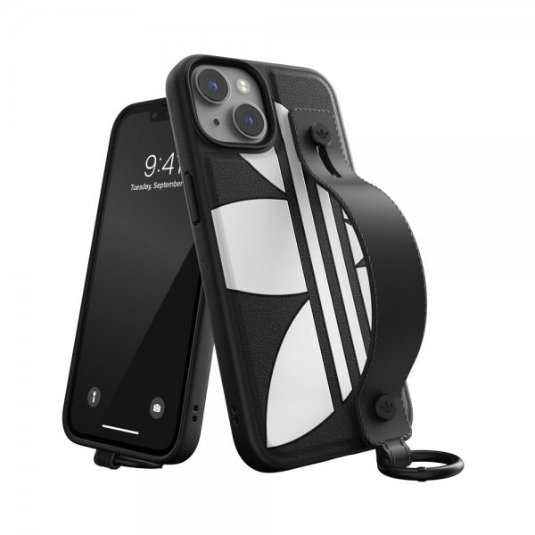 Adidas iPhone 14 -suojakuori, jossa käsihihna, musta-valkoinen