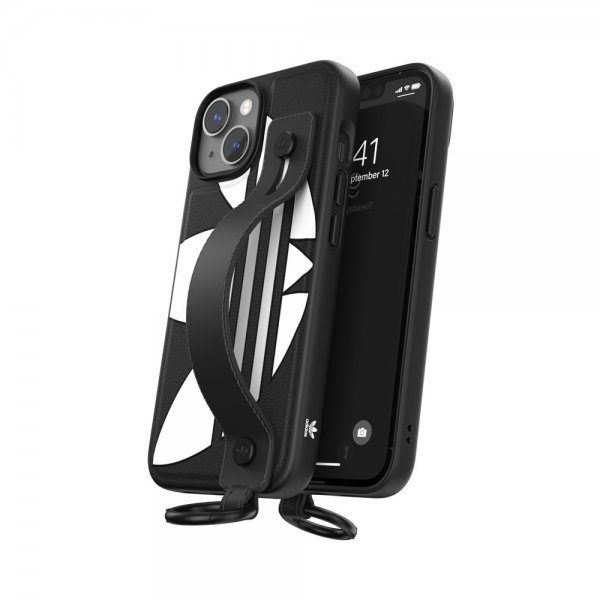 Adidas iPhone 14 -suojakuori, jossa käsihihna, musta-valkoinen