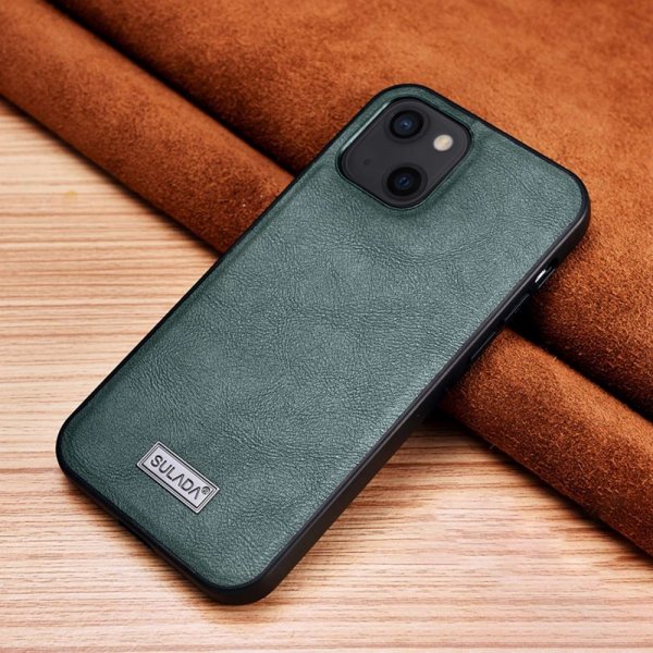 Sulada iPhone 14 -kuori nahkatekstuuri, vihreä