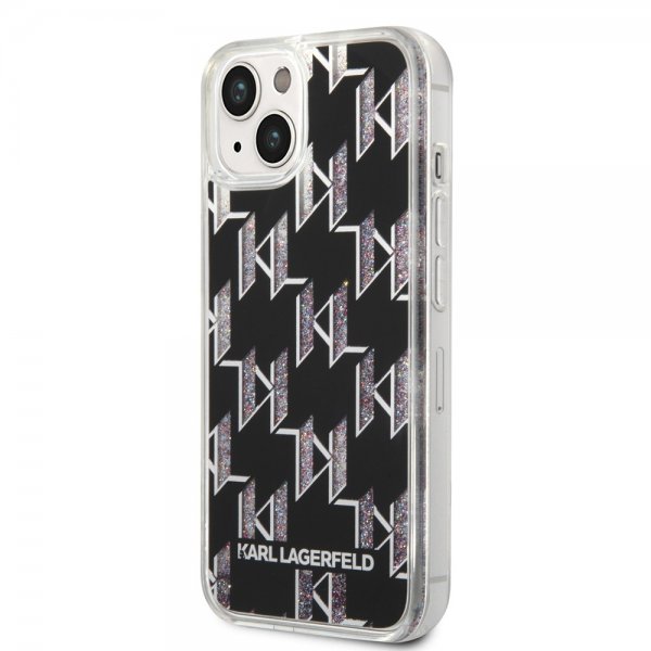 Karl Lagerfeld iPhone 14 -suojakuori, nestemäistä glitteriä, monogrammi, musta
