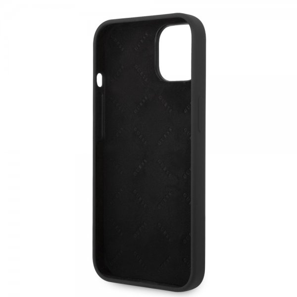 Guess iPhone 14 -suojakuori Liquid Silicone Metal Logo, musta