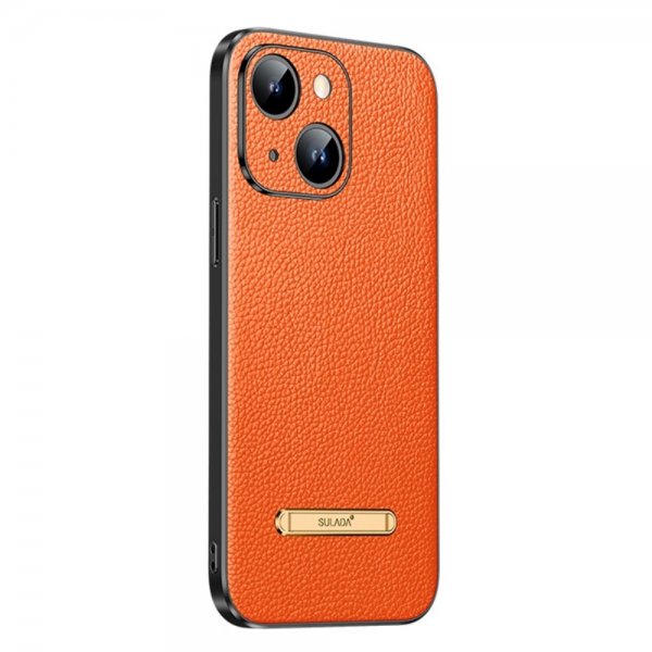 Sulada iPhone 14 -suojakotelo oranssilla jalustalla