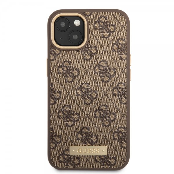 Guess iPhone 14 -suojakuori Metal Plate Logo MagSafe ruskea